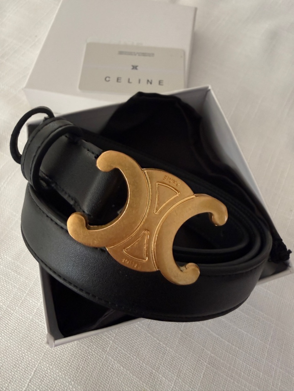 Celine Black Leather Belt with Gold Triomphe Buckle